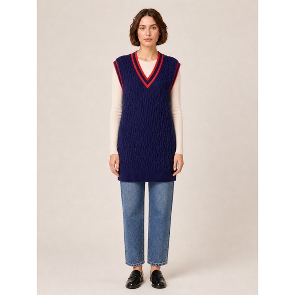Nouveaux Sweaters - Nouveaux Womens Preppy Cable Knit Varsity Stripe Sweater Vest Navy Blue S